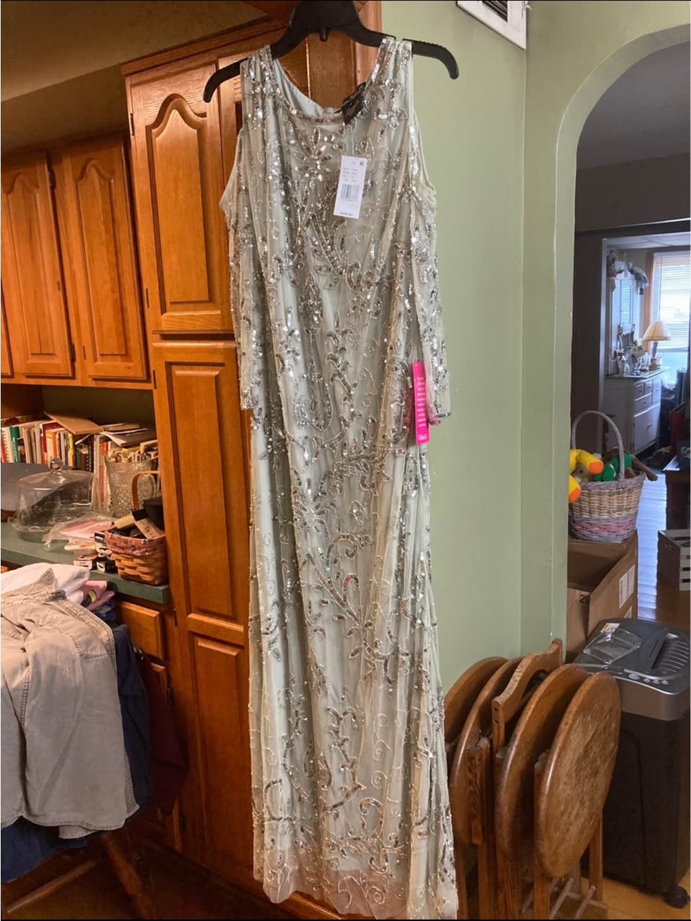 Pisarro Nights Sage Green Beaded Long Sleeve Evening Gown